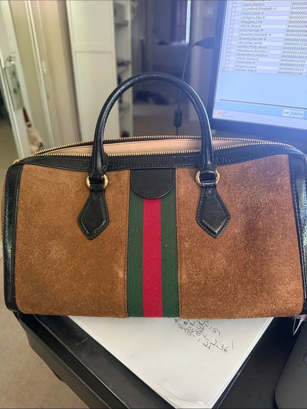 Gucci Brown Suede Top-Handle Bag with Black Trim and Green-Red Web